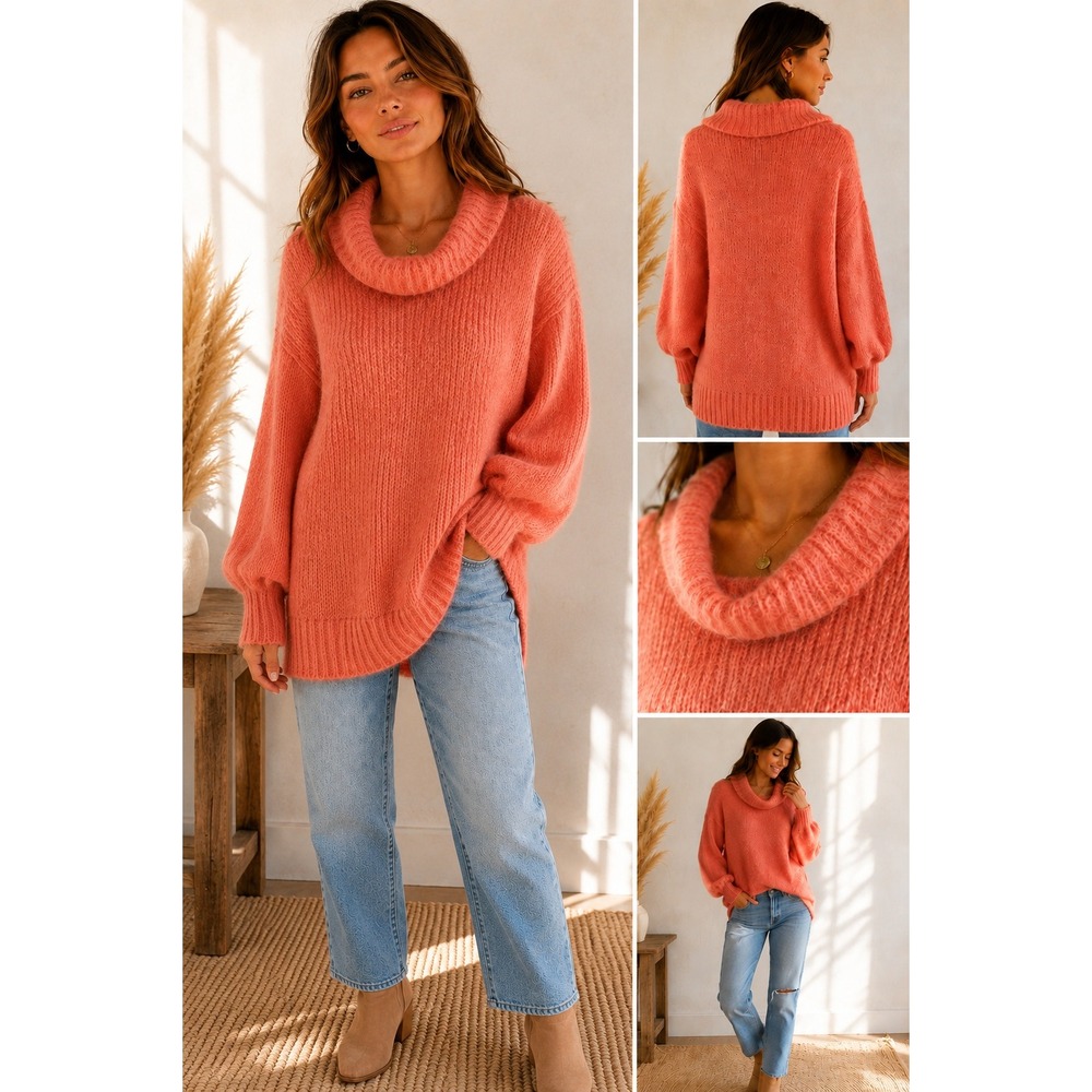 Free People Womens S Coral Alpaca Blend Cowl Neck Fuzzy Knit Oversized Sweater